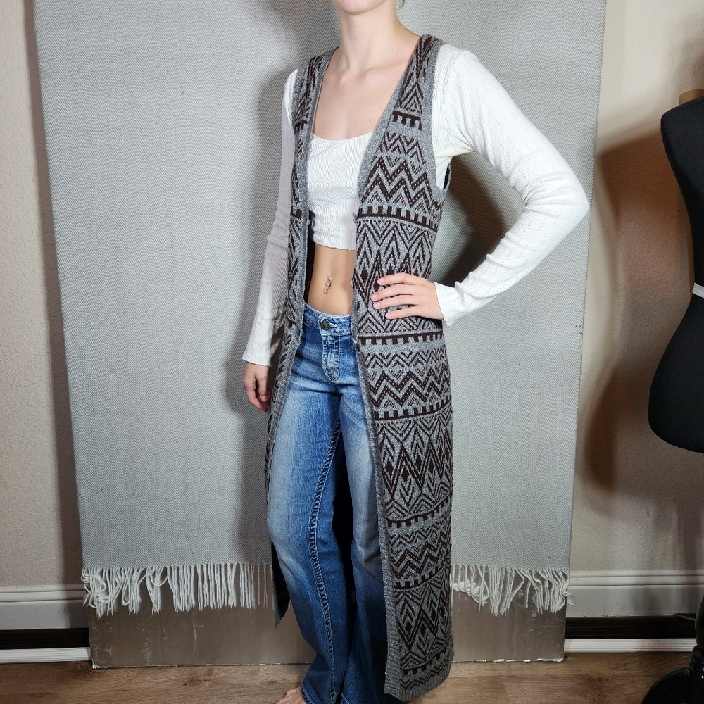 Forever 21 Small Black & Gray Geometric Print Knit Sweater Dress Cardigan
